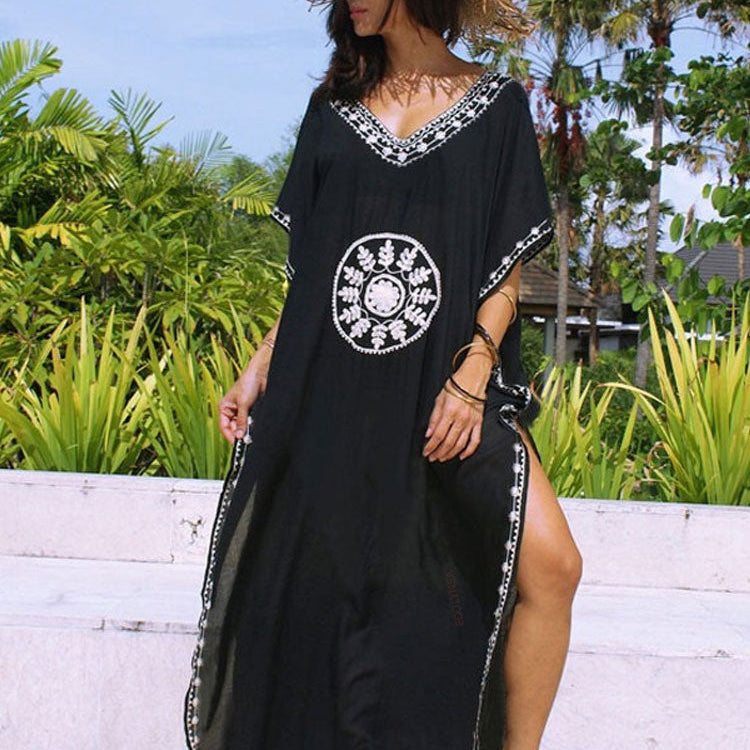 Embroidery Long Kaftan Cover up Saida de Praia Swimsuit Women Bikini Cover-ups Tunics for Beach Pareo Sarong Beachwear Q643 Q643-black One Size