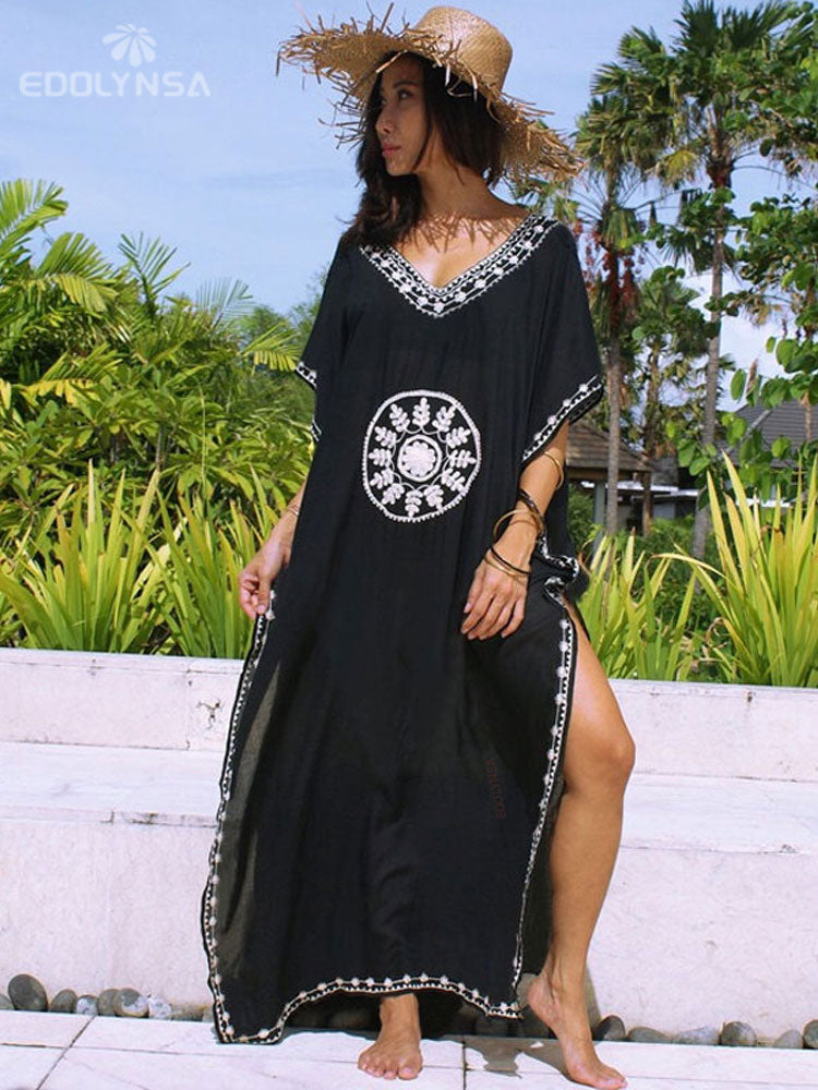 Embroidery Long Kaftan Cover up Saida de Praia Swimsuit Women Bikini Cover-ups Tunics for Beach Pareo Sarong Beachwear Q643 Q643-black One Size