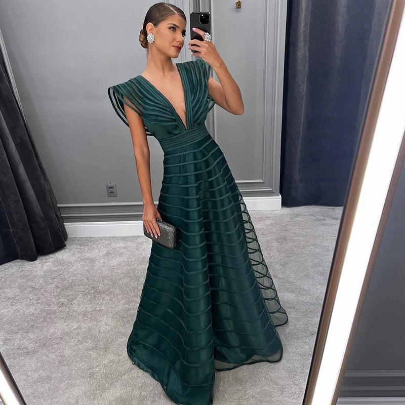 Emerald A Line Evening Dresses Cap Sleeves Deep V Neck Prom Gowns Floor Length Women Party Special Occasion Dress AMAIO