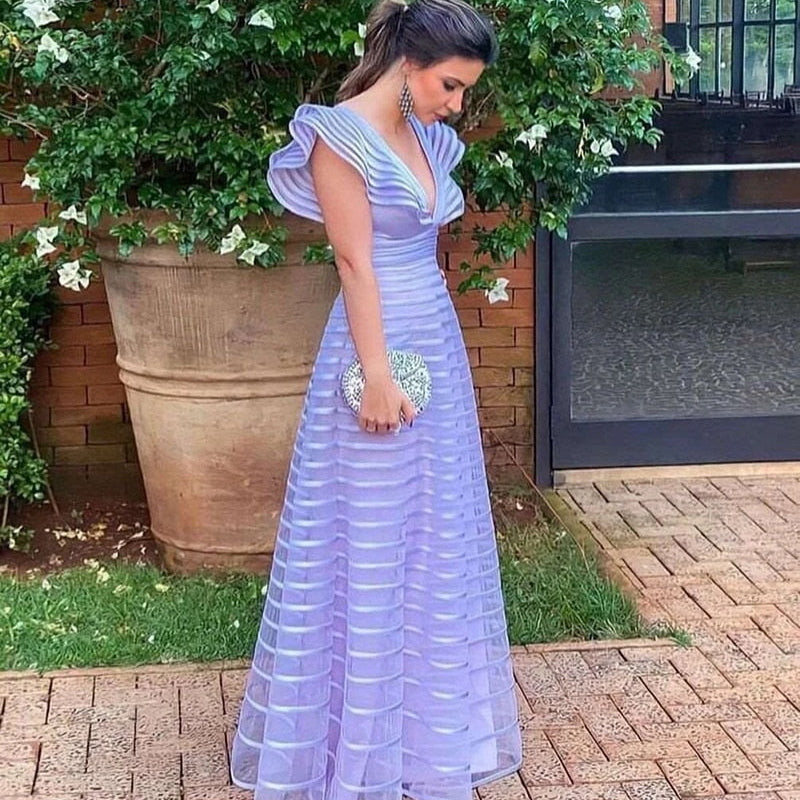 Emerald A Line Evening Dresses Cap Sleeves Deep V Neck Prom Gowns Floor Length Women Party Special Occasion Dress Purple