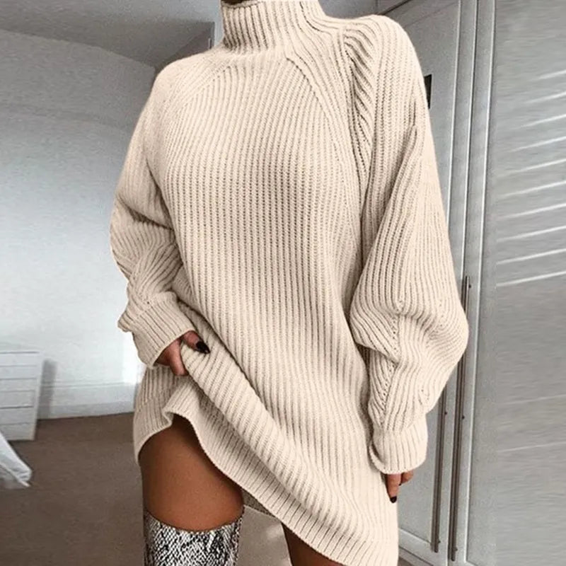 Esuo Women Turtleneck Oversized Knitted Dress Solid Long Sleeve 2024 Casual Elegant Sweater Knitted Dress Autumn/Winter Clothes Apricot