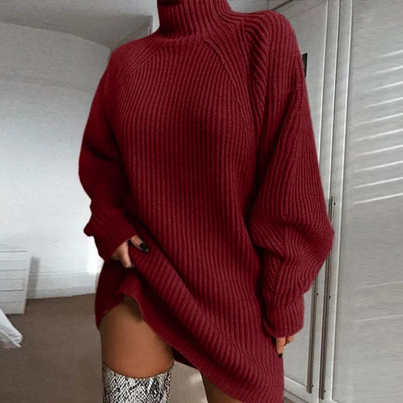 Esuo Women Turtleneck Oversized Knitted Dress Solid Long Sleeve 2024 Casual Elegant Sweater Knitted Dress Autumn/Winter Clothes wine red