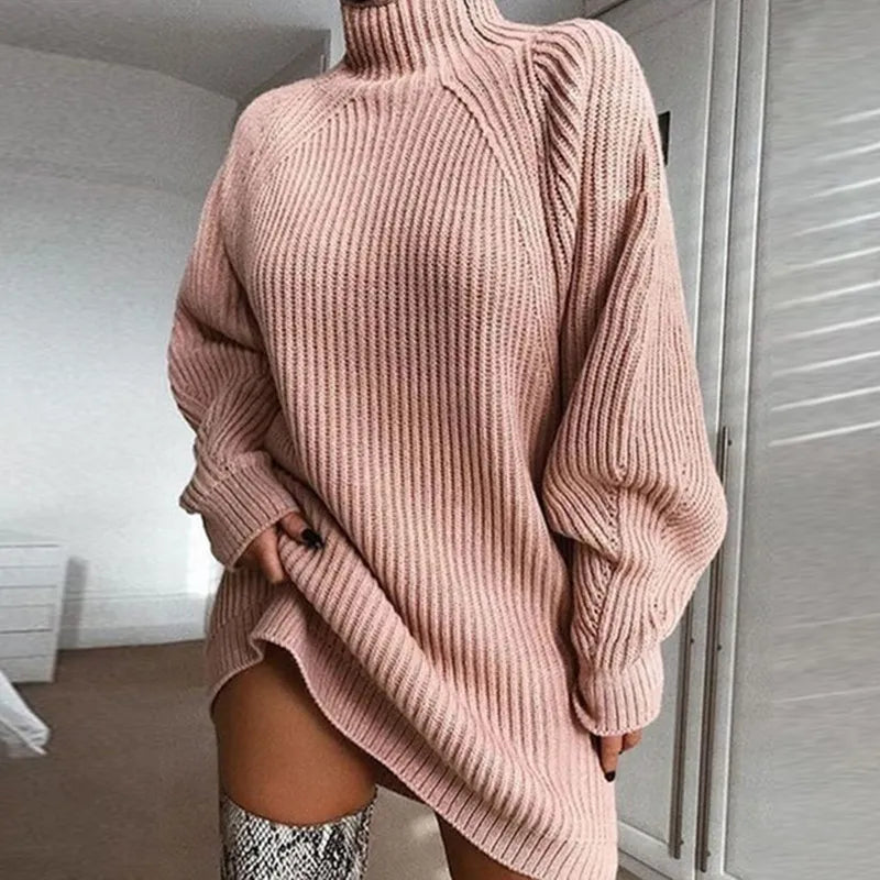 Esuo Women Turtleneck Oversized Knitted Dress Solid Long Sleeve 2024 Casual Elegant Sweater Knitted Dress Autumn/Winter Clothes Pink
