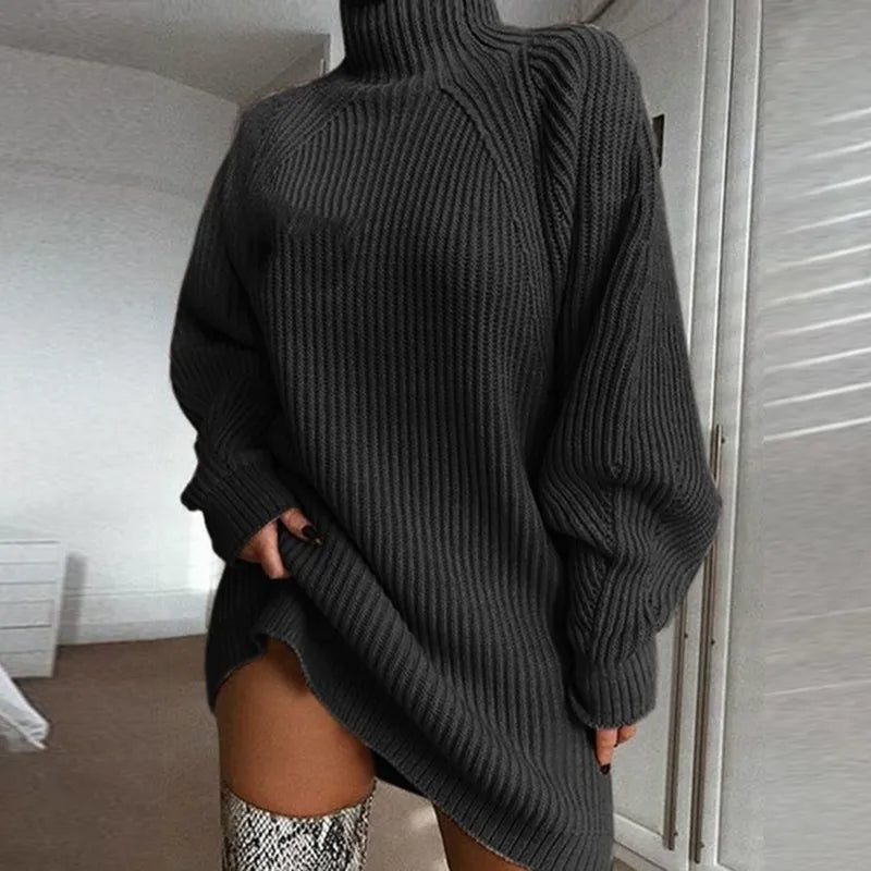 Esuo Women Turtleneck Oversized Knitted Dress Solid Long Sleeve 2024 Casual Elegant Sweater Knitted Dress Autumn/Winter Clothes Black