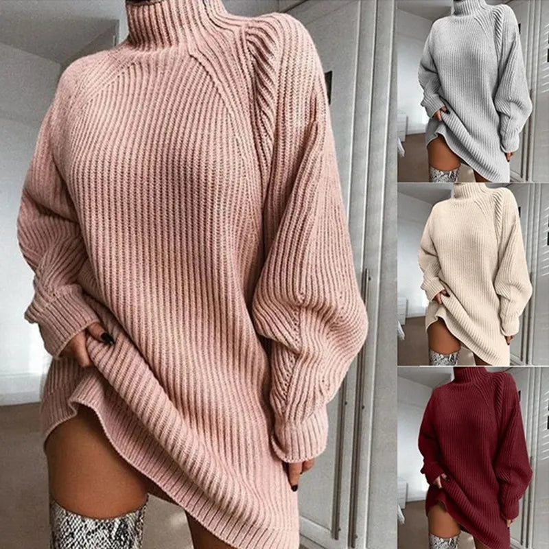 Esuo Women Turtleneck Oversized Knitted Dress Solid Long Sleeve 2024 Casual Elegant Sweater Knitted Dress Autumn/Winter Clothes AMAIO