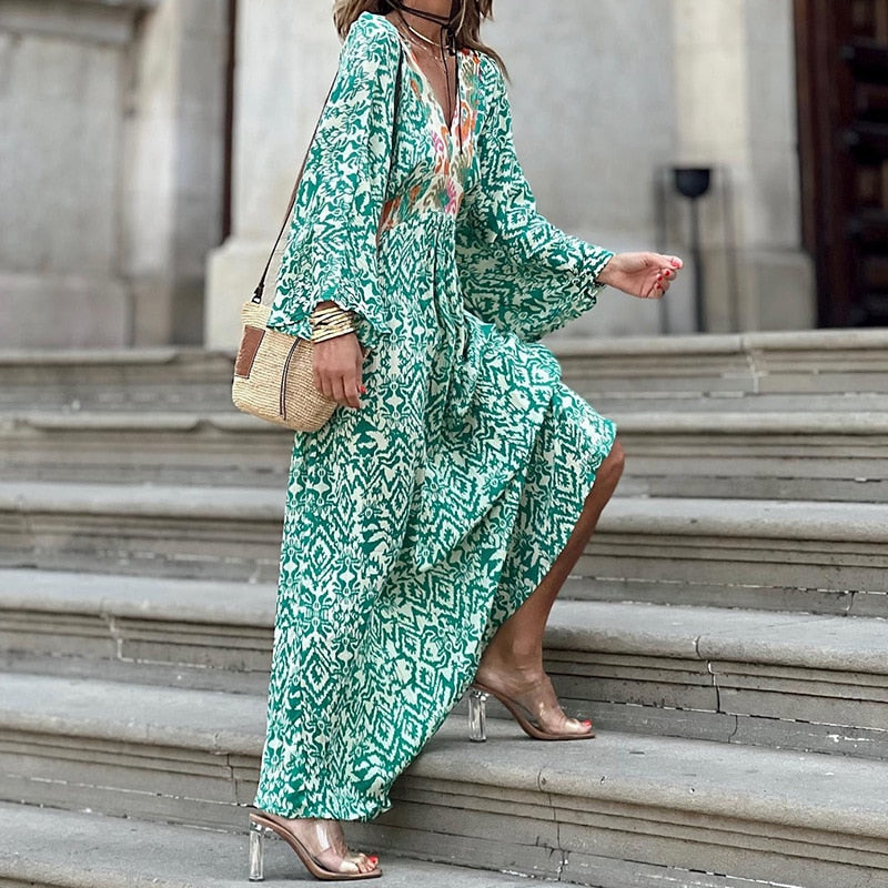 Ethnic Retro Floral Print Holiday Beach Dress Spring V Neck Patchwork Boho Long Dress Women Puff Sleeve Belted A-Line Maxi Dress 01 Green