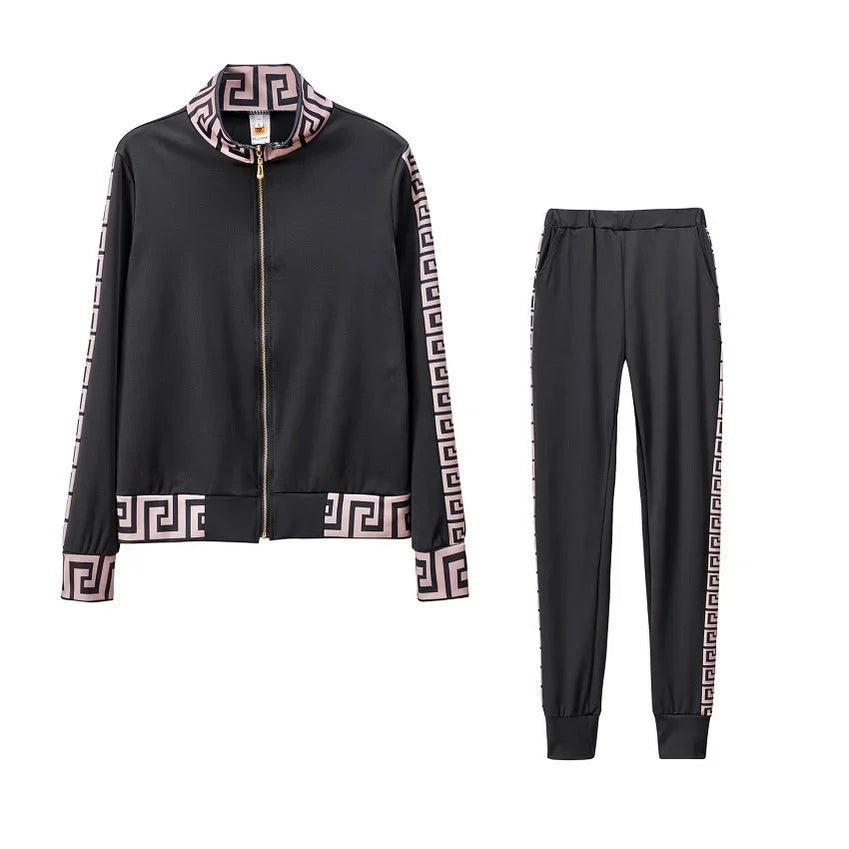 Europe And The United States Leisure Printing Stitching Two-piece Suit black