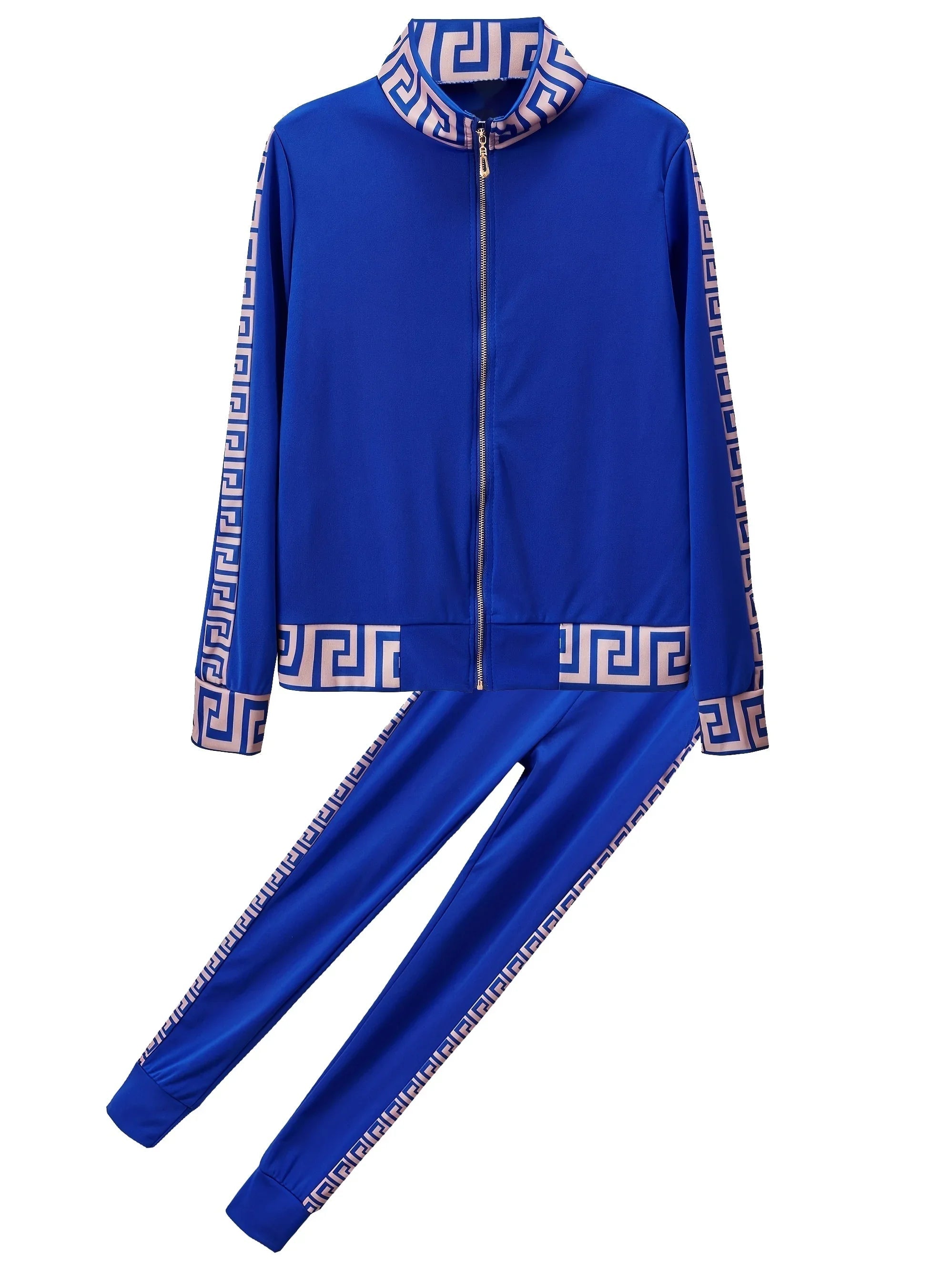 Europe And The United States Leisure Printing Stitching Two-piece Suit Blue