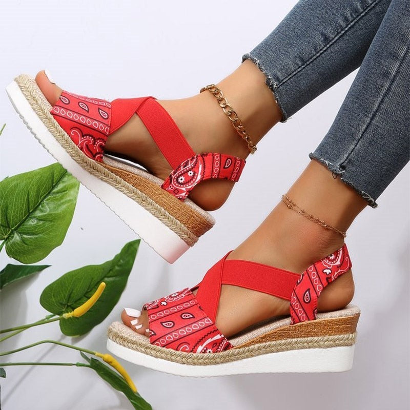 Europe and America summer New Large Size Women's Sandals Casual Open Toe Wedged Hemp Rope Sandals One-line Buckle Shoes