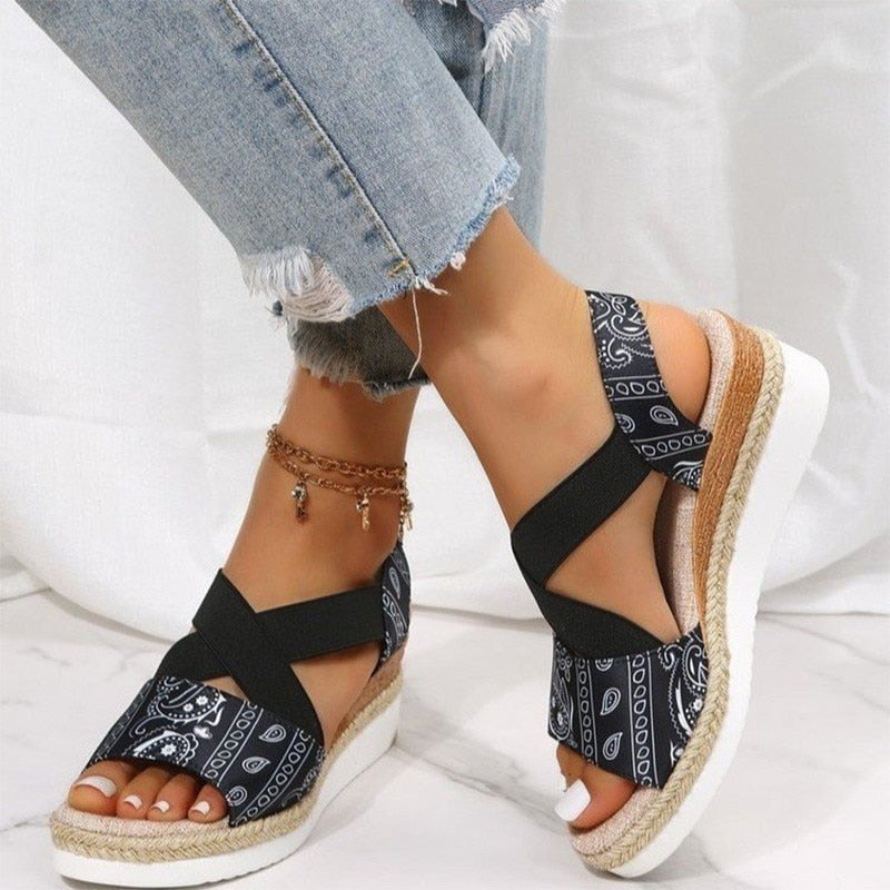 Europe and America summer New Large Size Women's Sandals Casual Open Toe Wedged Hemp Rope Sandals One-line Buckle Shoes