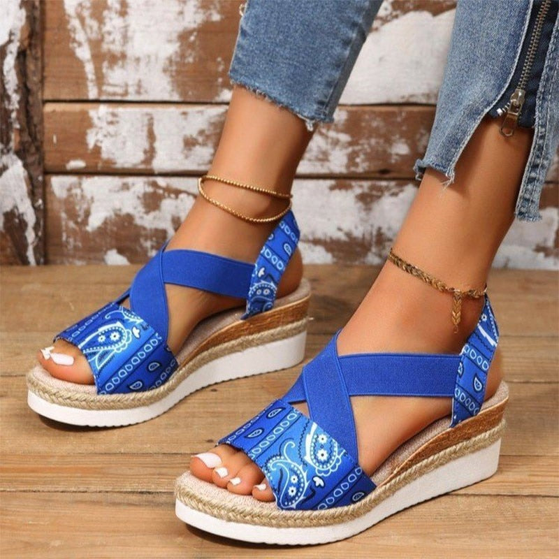 Europe and America summer New Large Size Women's Sandals Casual Open Toe Wedged Hemp Rope Sandals One-line Buckle Shoes Blue