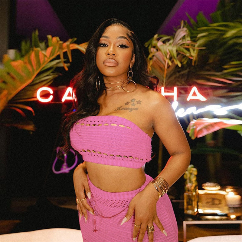 Europe station new 2024 Amazon summer European and American Women's knitted tube top slim sexy long skirt suit