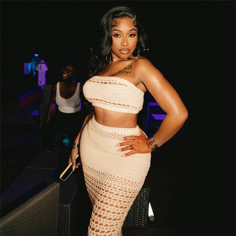 Europe station new 2024 Amazon summer European and American Women's knitted tube top slim sexy long skirt suit