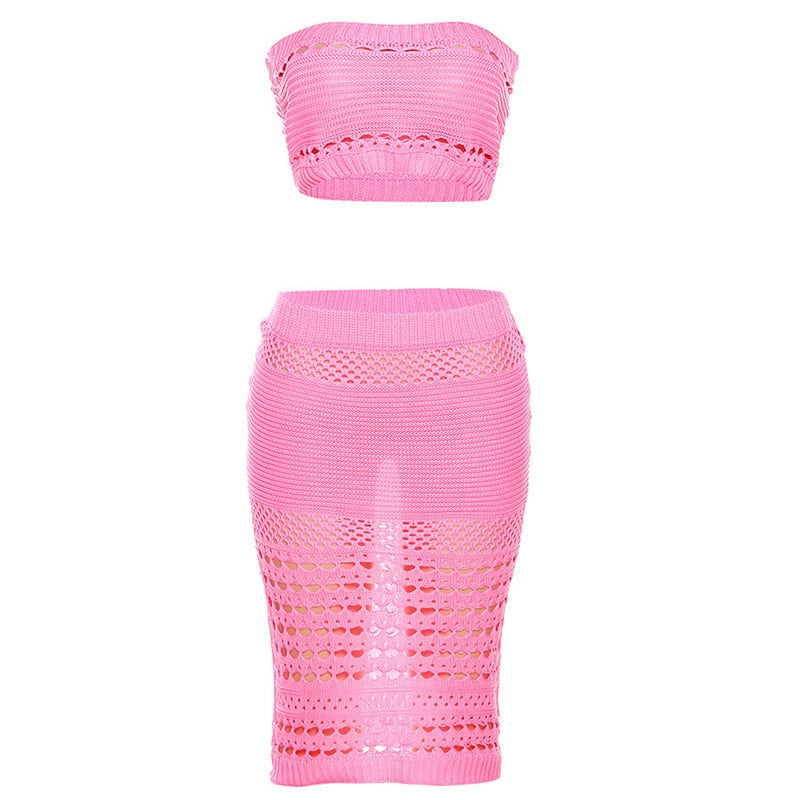 Europe station new 2024 Amazon summer European and American Women's knitted tube top slim sexy long skirt suit Pink