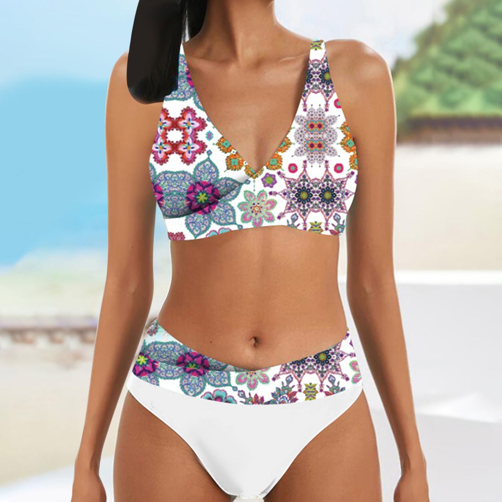 European And American Hollow Split Print Stitching Swimsuit White