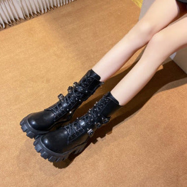 European And American Mid-calf Buckle Knight Boots Women Black