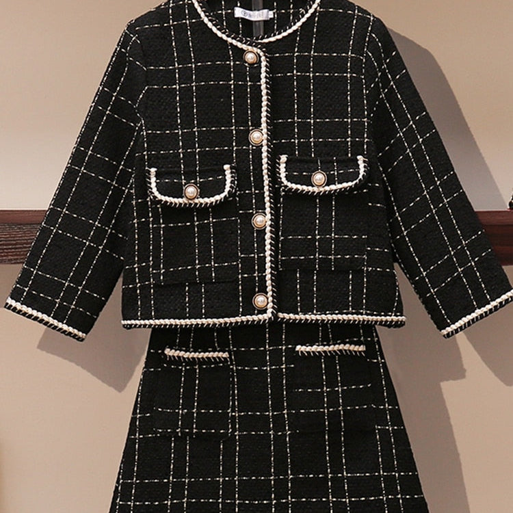 European Style Autumn Winter 2 Piece Set Women Short Woolen Tweed Jacket Coat & Bodycon Mini Skirt Set Women Two Piece Outfits