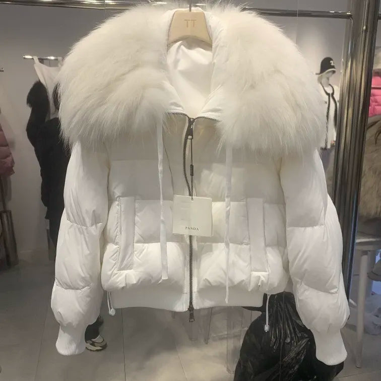European Version 2024 Winter New Light Luxury All-match Big Fur Collar Loose Women's Long-Sleeved Bread Korean Version Down Jack White White