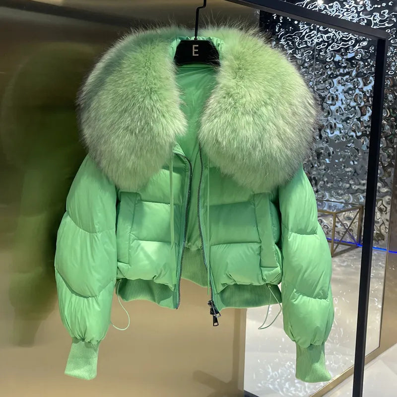 European Version 2024 Winter New Light Luxury All-match Big Fur Collar Loose Women's Long-Sleeved Bread Korean Version Down Jack Green