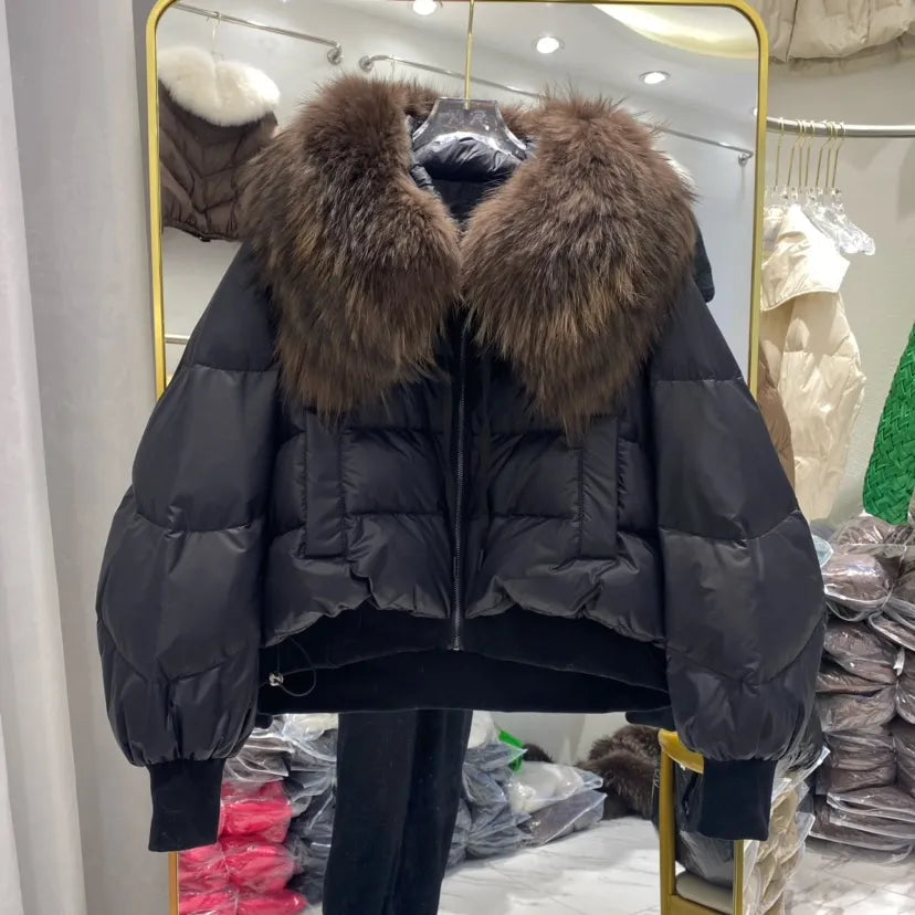 European Version 2024 Winter New Light Luxury All-match Big Fur Collar Loose Women's Long-Sleeved Bread Korean Version Down Jack Black 2
