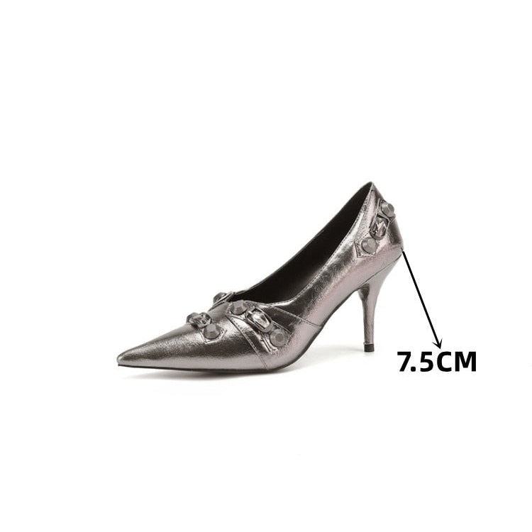 European and American Pointed Thin High-heeled Women's Single Shoe Fashion Rivets New Spring and Summer Sexy Women's Shoes