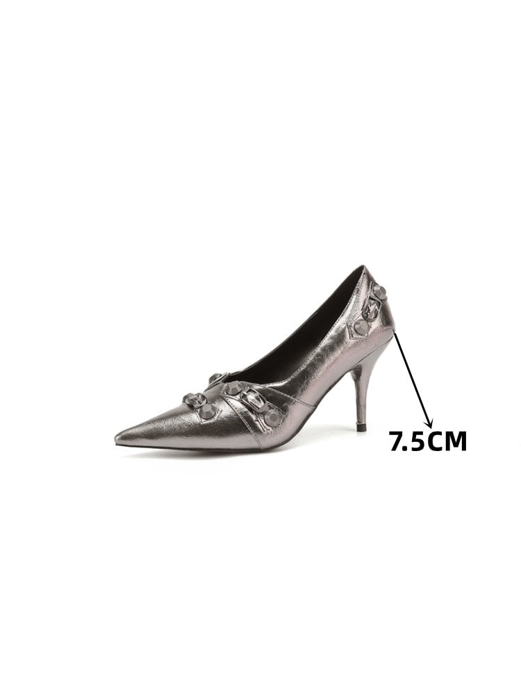 European and American Pointed Thin High-heeled Women's Single Shoe Fashion Rivets New Spring and Summer Sexy Women's Shoes