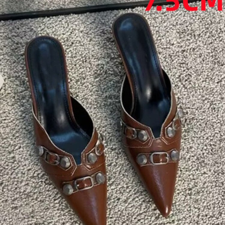 European and American Pointed Thin High-heeled Women's Single Shoe Fashion Rivets New Spring and Summer Sexy Women's Shoes 265brown 7.5CM