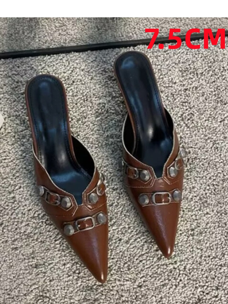 European and American Pointed Thin High-heeled Women's Single Shoe Fashion Rivets New Spring and Summer Sexy Women's Shoes 265brown 7.5CM