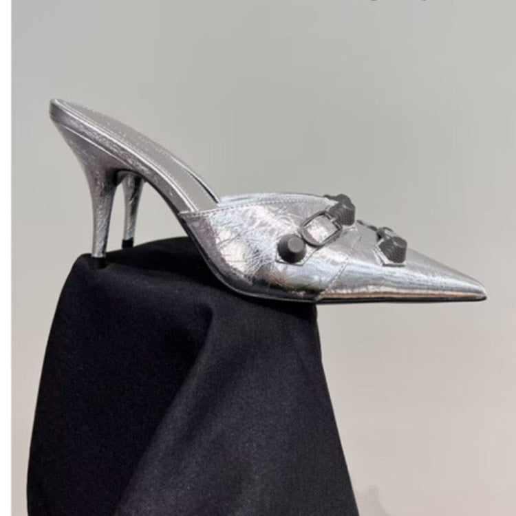 European and American Pointed Thin High-heeled Women's Single Shoe Fashion Rivets New Spring and Summer Sexy Women's Shoes 265silvery 7.5CM