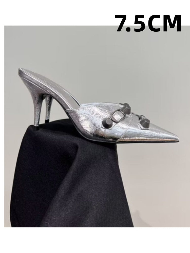 European and American Pointed Thin High-heeled Women's Single Shoe Fashion Rivets New Spring and Summer Sexy Women's Shoes 265silvery 7.5CM