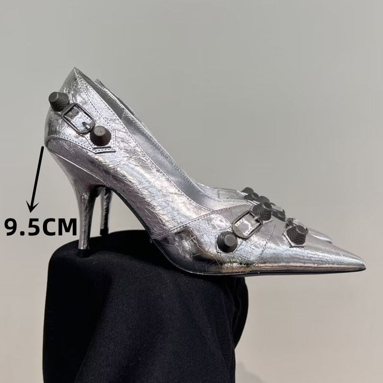 European and American Pointed Thin High-heeled Women's Single Shoe Fashion Rivets New Spring and Summer Sexy Women's Shoes 252 silvery 9.5CM