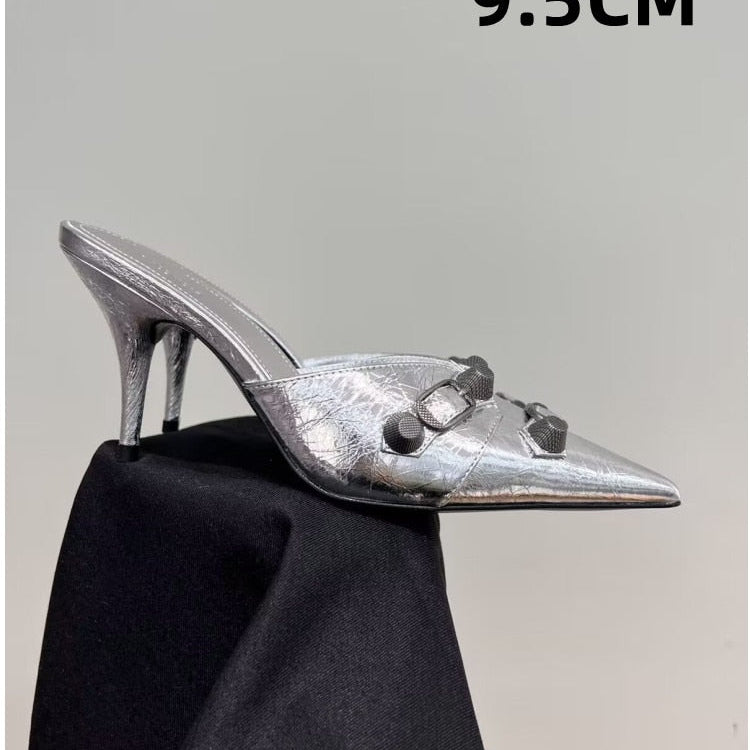 European and American Pointed Thin High-heeled Women's Single Shoe Fashion Rivets New Spring and Summer Sexy Women's Shoes 265silvery 9.5CM