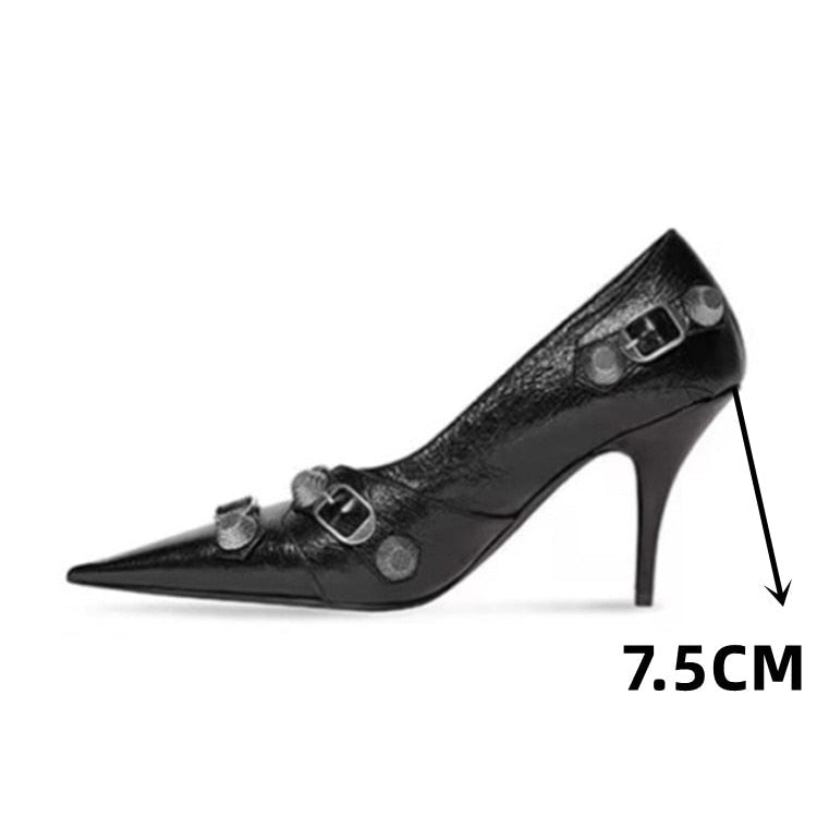 European and American Pointed Thin High-heeled Women's Single Shoe Fashion Rivets New Spring and Summer Sexy Women's Shoes 252 black 7.5CM
