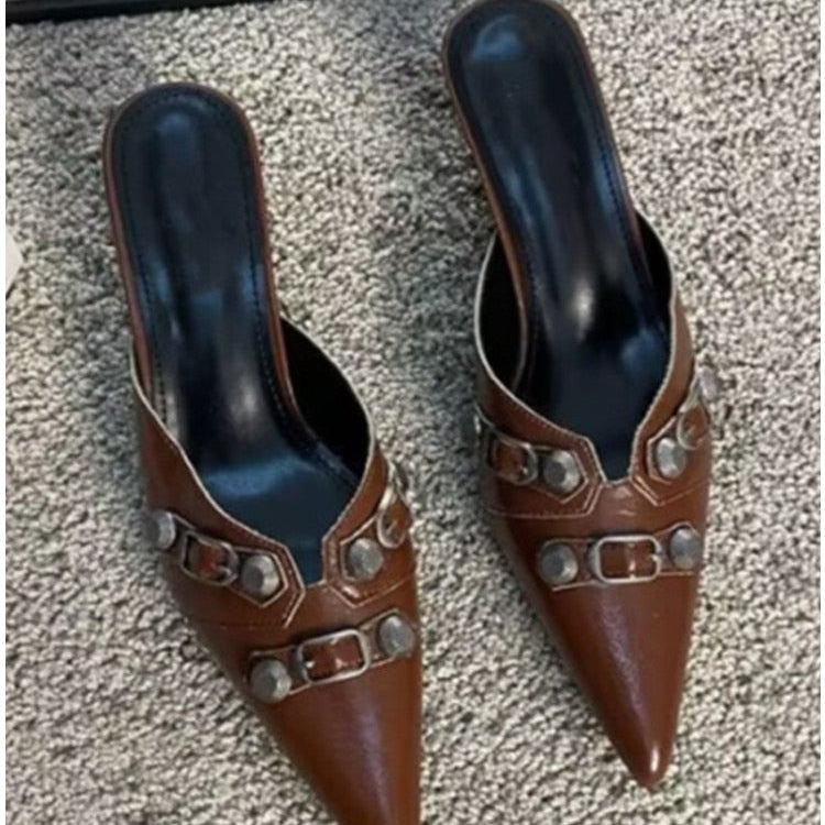 European and American Pointed Thin High-heeled Women's Single Shoe Fashion Rivets New Spring and Summer Sexy Women's Shoes 265brown 9.5CM
