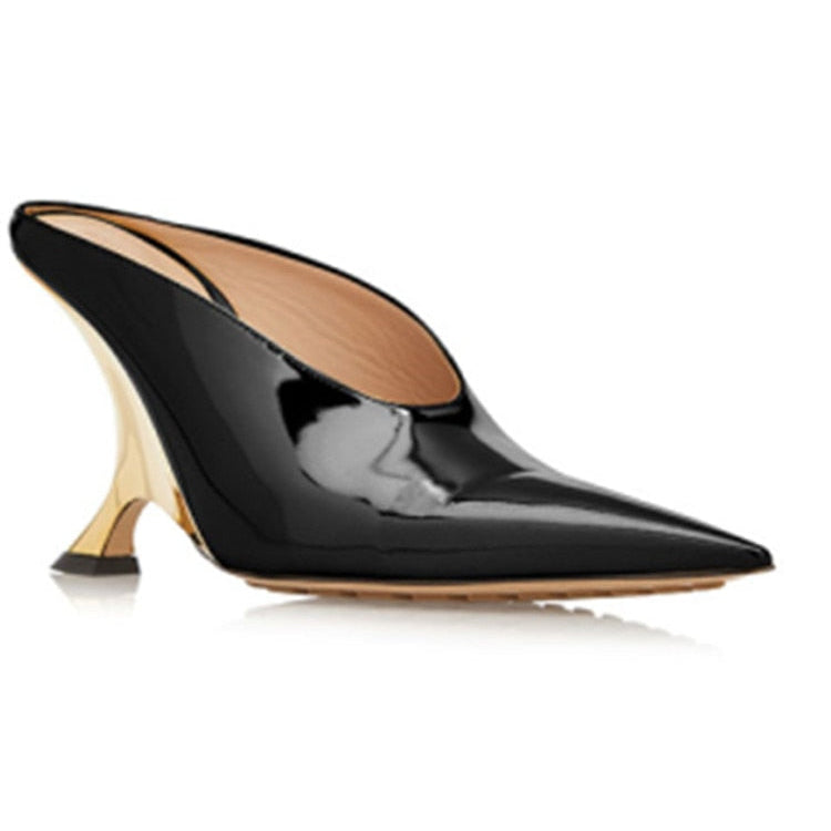 European and American Summer New Women's High Heel Muller Shoes Pointed Toe Baotou Comfortable Fashion Large Women's Sandals 510-Black gold heel