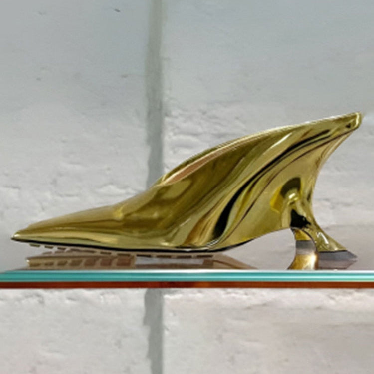 European and American Summer New Women's High Heel Muller Shoes Pointed Toe Baotou Comfortable Fashion Large Women's Sandals 510-golden