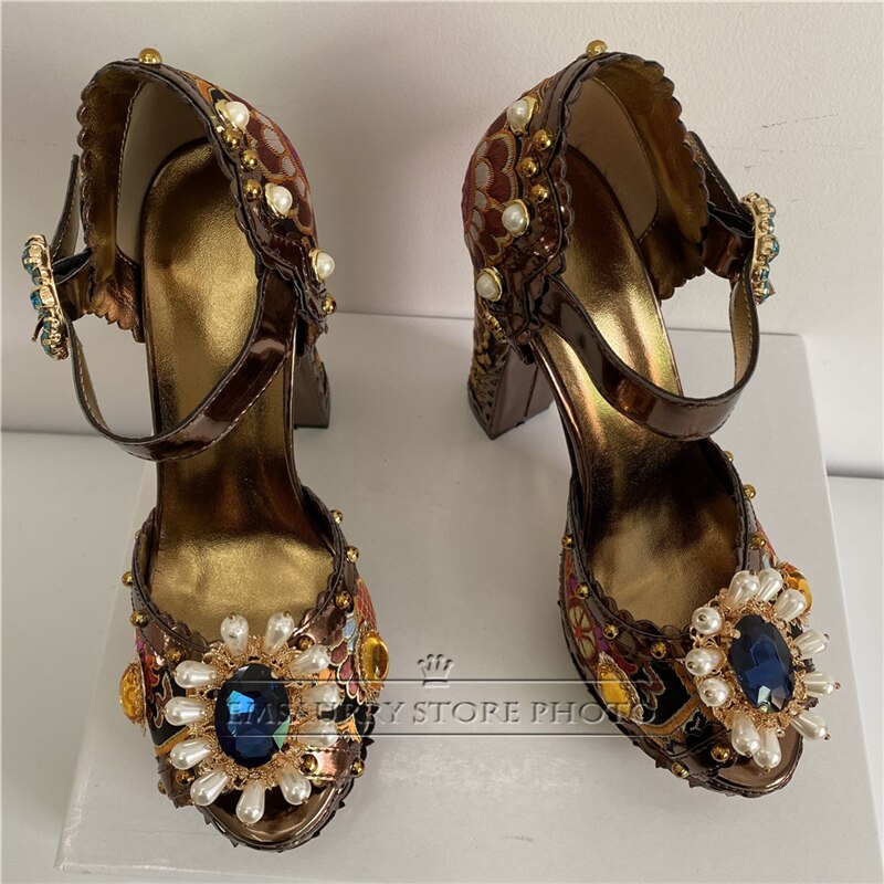 Exotic Style Embroidery Satin Wedding Shoes Woman Chunky Heel Diamond Plarform Beaded Rivet Flower Summer Sandals Women