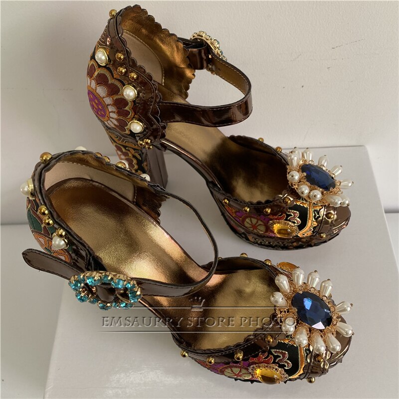 Exotic Style Embroidery Satin Wedding Shoes Woman Chunky Heel Diamond Plarform Beaded Rivet Flower Summer Sandals Women