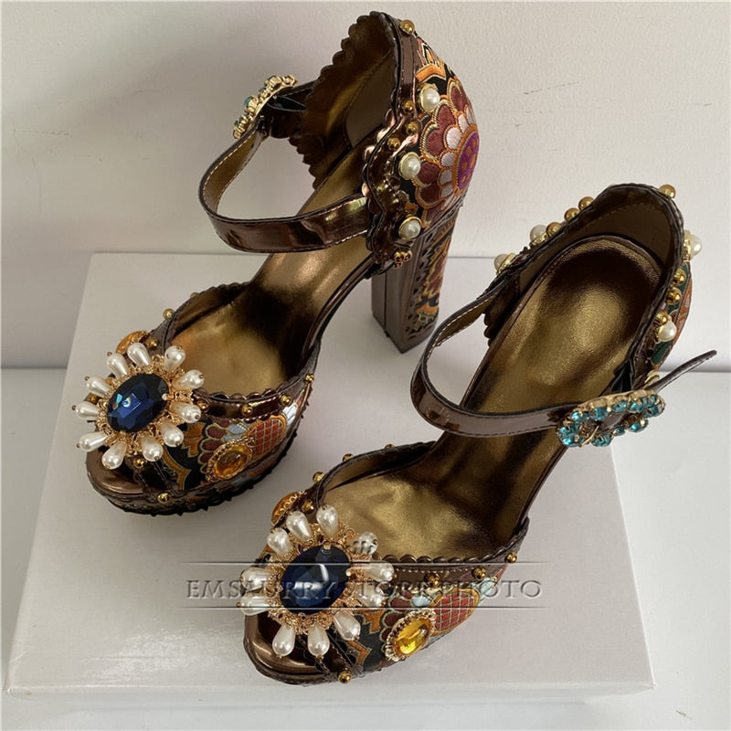 Exotic Style Embroidery Satin Wedding Shoes Woman Chunky Heel Diamond Plarform Beaded Rivet Flower Summer Sandals Women