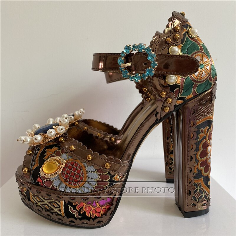 Exotic Style Embroidery Satin Wedding Shoes Woman Chunky Heel Diamond Plarform Beaded Rivet Flower Summer Sandals Women