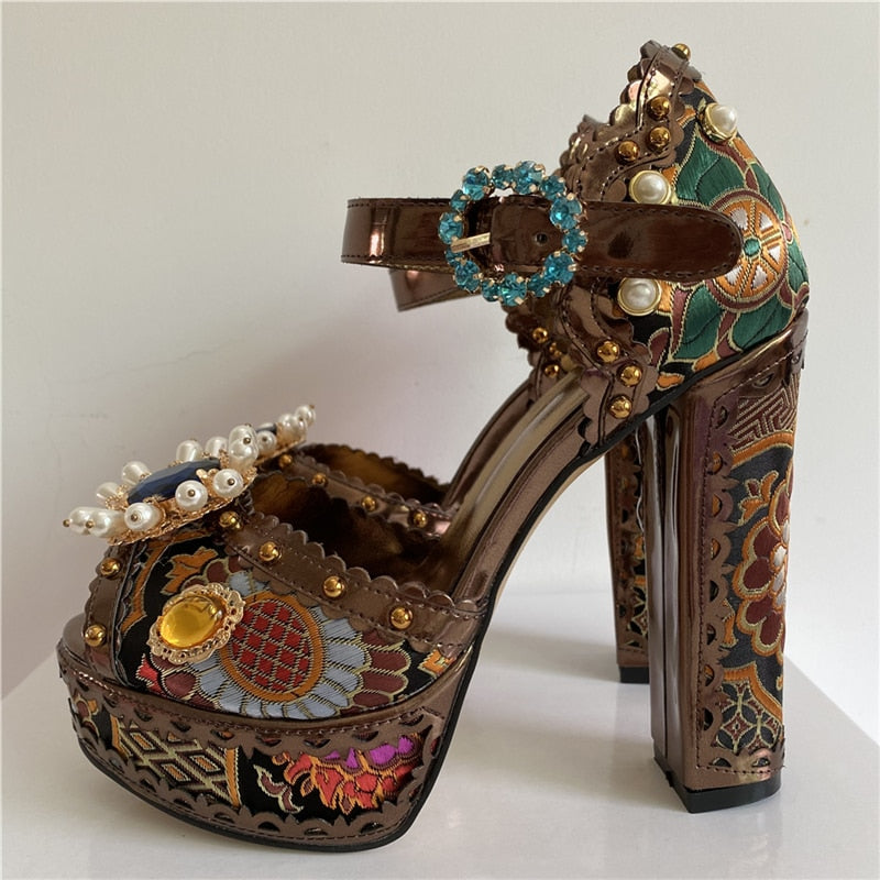 Exotic Style Embroidery Satin Wedding Shoes Woman Chunky Heel Diamond Plarform Beaded Rivet Flower Summer Sandals Women Brown
