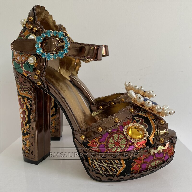 Exotic Style Embroidery Satin Wedding Shoes Woman Chunky Heel Diamond Plarform Beaded Rivet Flower Summer Sandals Women