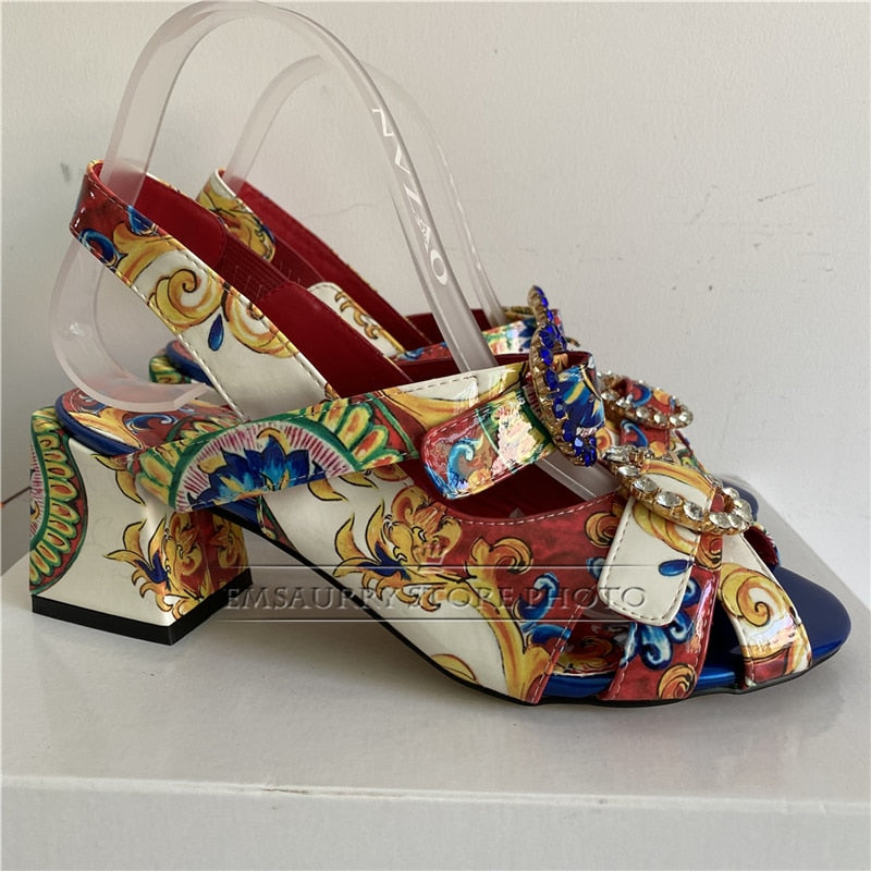 Exotic Summer Printed Color Sandals Women Ankle Strap Sexy Open Toe Square Heel Rhinestone Buckle Banquet Shoes Woman