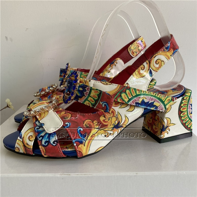 Exotic Summer Printed Color Sandals Women Ankle Strap Sexy Open Toe Square Heel Rhinestone Buckle Banquet Shoes Woman