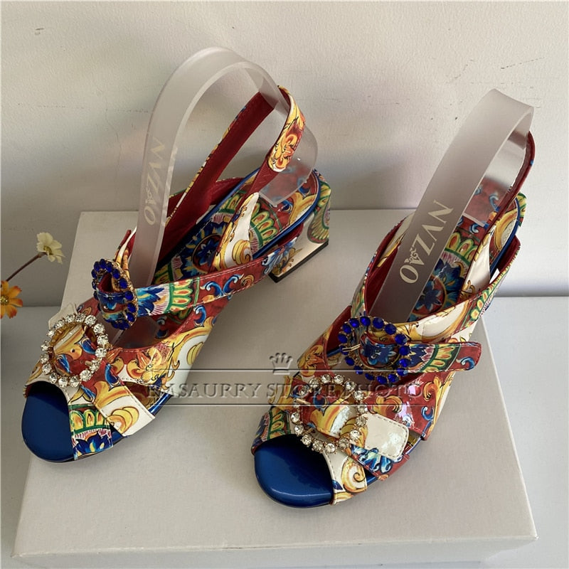 Exotic Summer Printed Color Sandals Women Ankle Strap Sexy Open Toe Square Heel Rhinestone Buckle Banquet Shoes Woman
