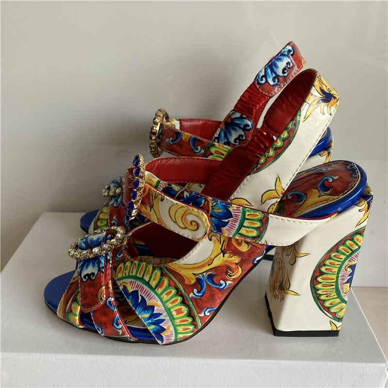 Exotic Summer Printed Color Sandals Women Ankle Strap Sexy Open Toe Square Heel Rhinestone Buckle Banquet Shoes Woman 10cm Heel Height