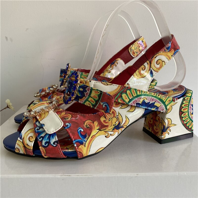 Exotic Summer Printed Color Sandals Women Ankle Strap Sexy Open Toe Square Heel Rhinestone Buckle Banquet Shoes Woman 6cm Heel Height