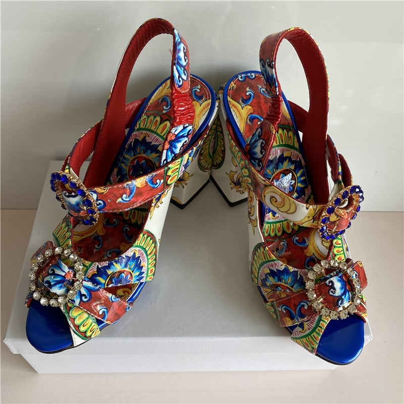 Exotic Summer Printed Color Sandals Women Ankle Strap Sexy Open Toe Square Heel Rhinestone Buckle Banquet Shoes Woman