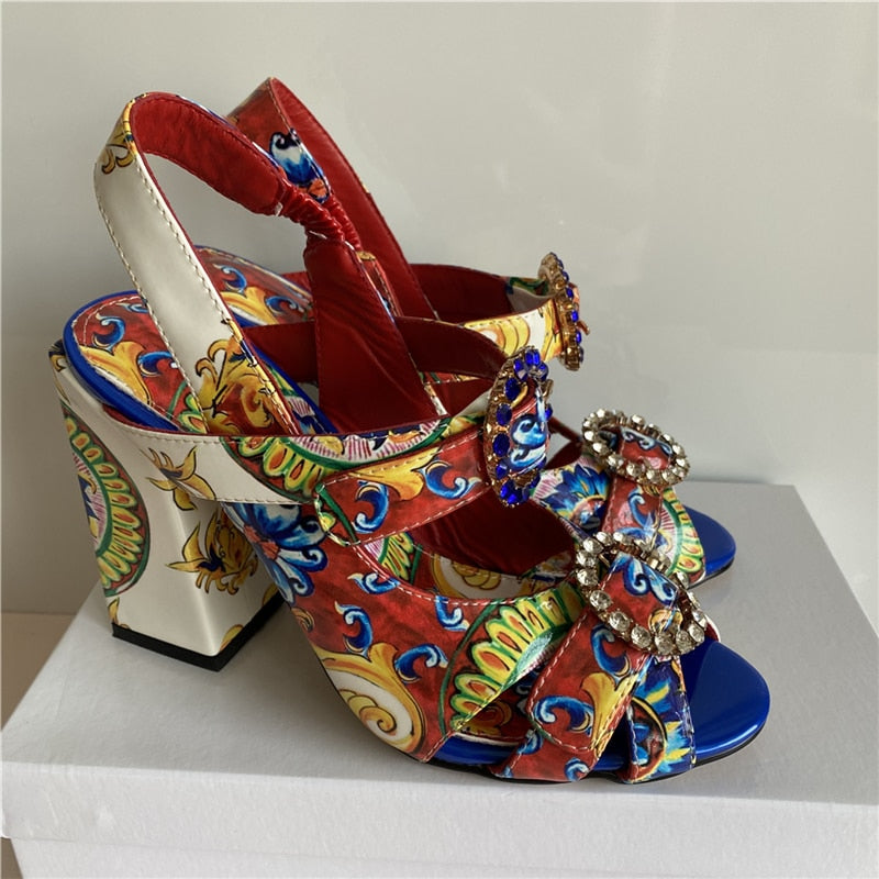 Exotic Summer Printed Color Sandals Women Ankle Strap Sexy Open Toe Square Heel Rhinestone Buckle Banquet Shoes Woman