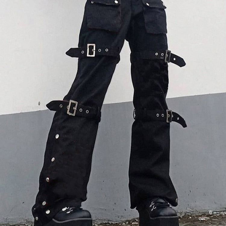 Eyelet Buckle Cyber Punk Goth Baggy Jeans Y2K Woman Techwear Dark Academic Solid E Girl Cargo Pants Denim Gothic Hippie Trousers 1 no belt